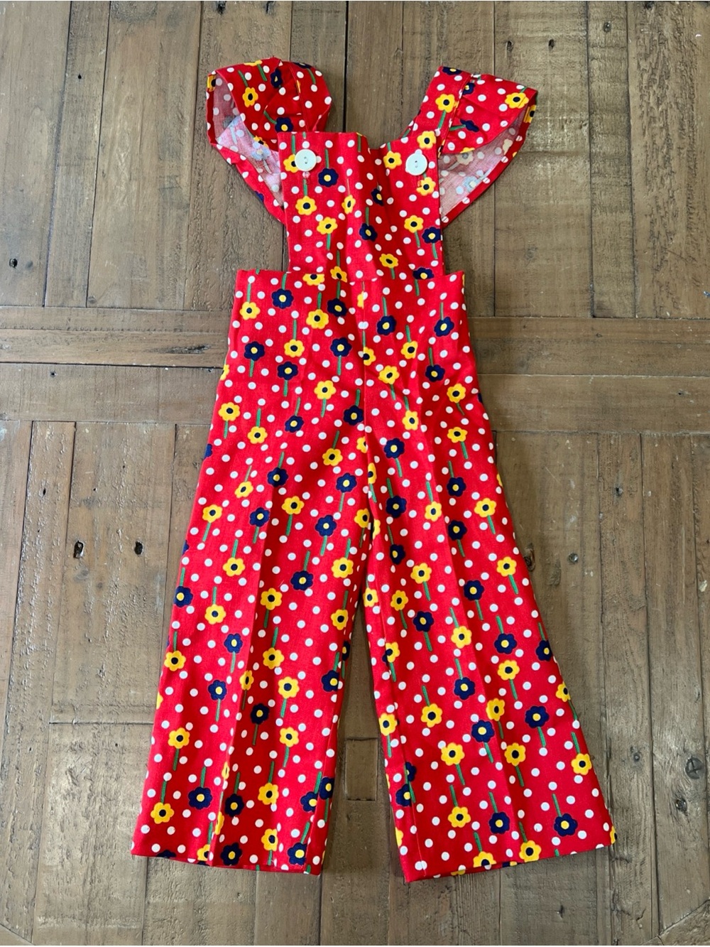 Vintage Paper Tag Red Flower Overalls Girls 2T 80s 90s Retro Ruffles Polka Dot